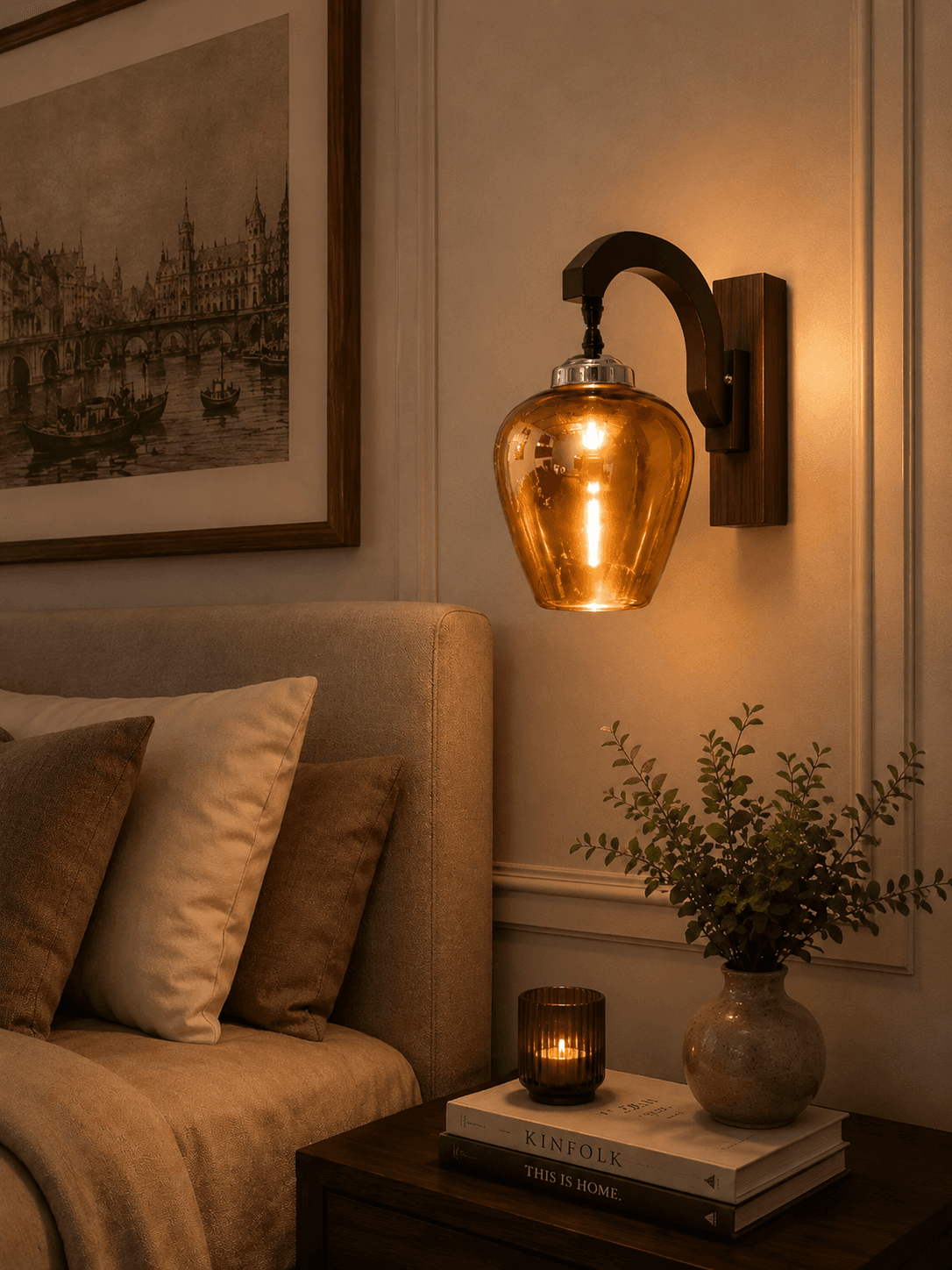 Curved Wood Wall Sconce with Amber Glass Shade