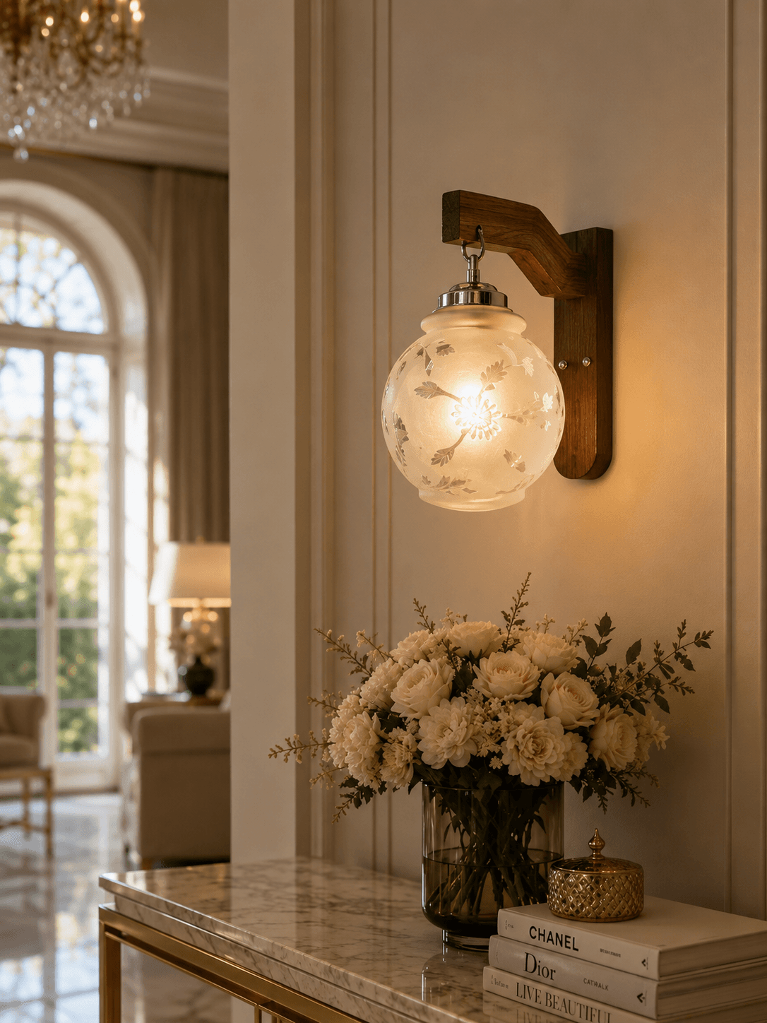 Vintage Floral Globe Wood Wall Sconce