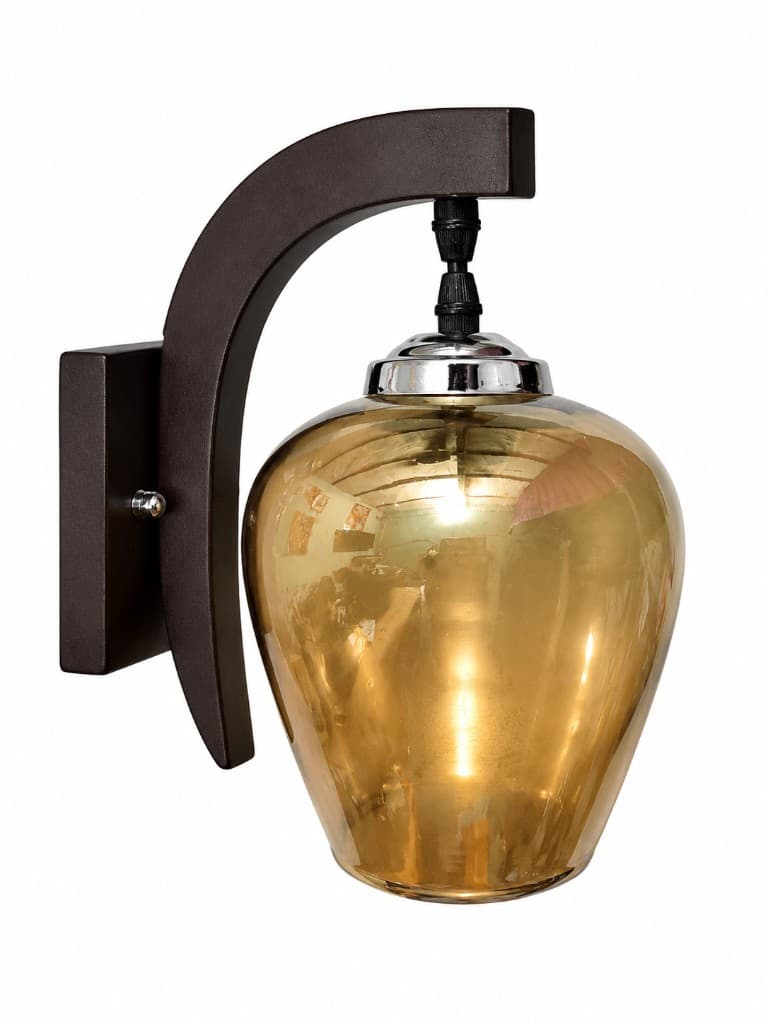 Curved Wood Wall Sconce with Amber Glass Shade 1